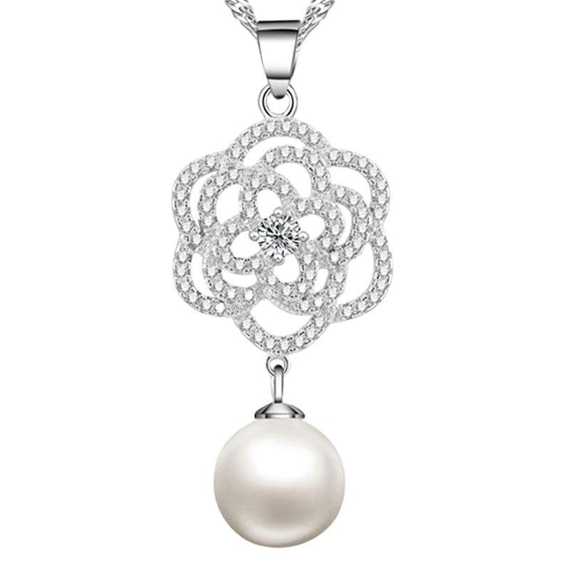 (Pendant Only) Zircon Flower with Pearl Silver Pendant for Women