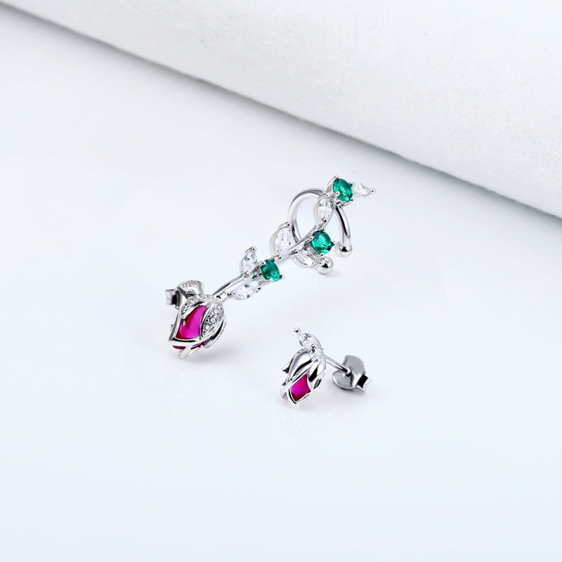 Red Rose with Colourful Zircon Asymmetric Silver Drop Earrings for Women