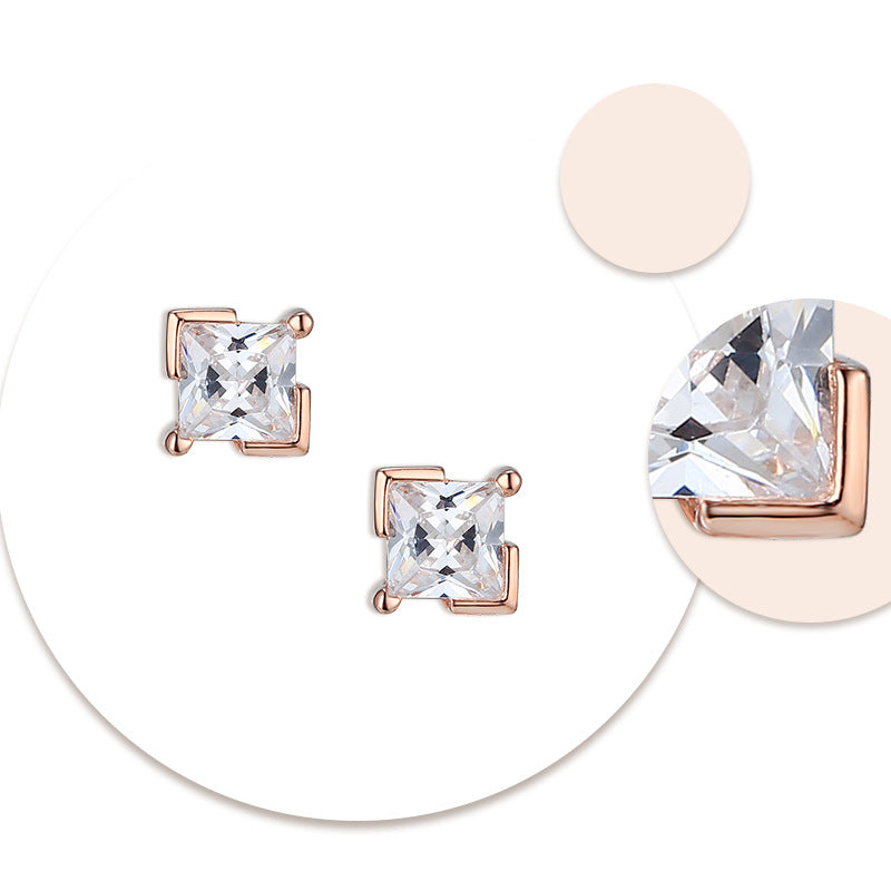 Princess Cut Zircon Four Prongs Silver Studs Earrings for Women