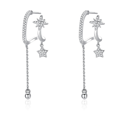 Zircon Star Tassel Double Layer C Shape Silver Drop Earrings for Women