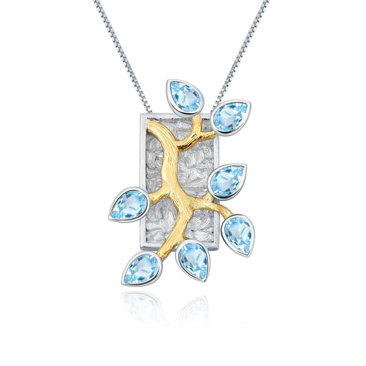 Natural Colourful Gemstones Flower Branch Jade Leaf Pendant Silver Necklace for Women