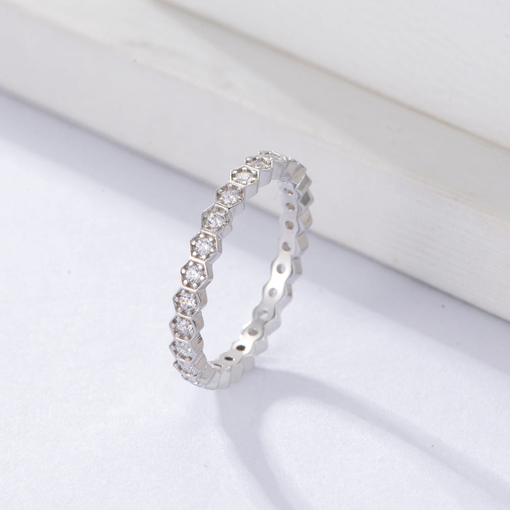 Hexagonal White Zircon Sterling Silver Eternity Ring for Women
