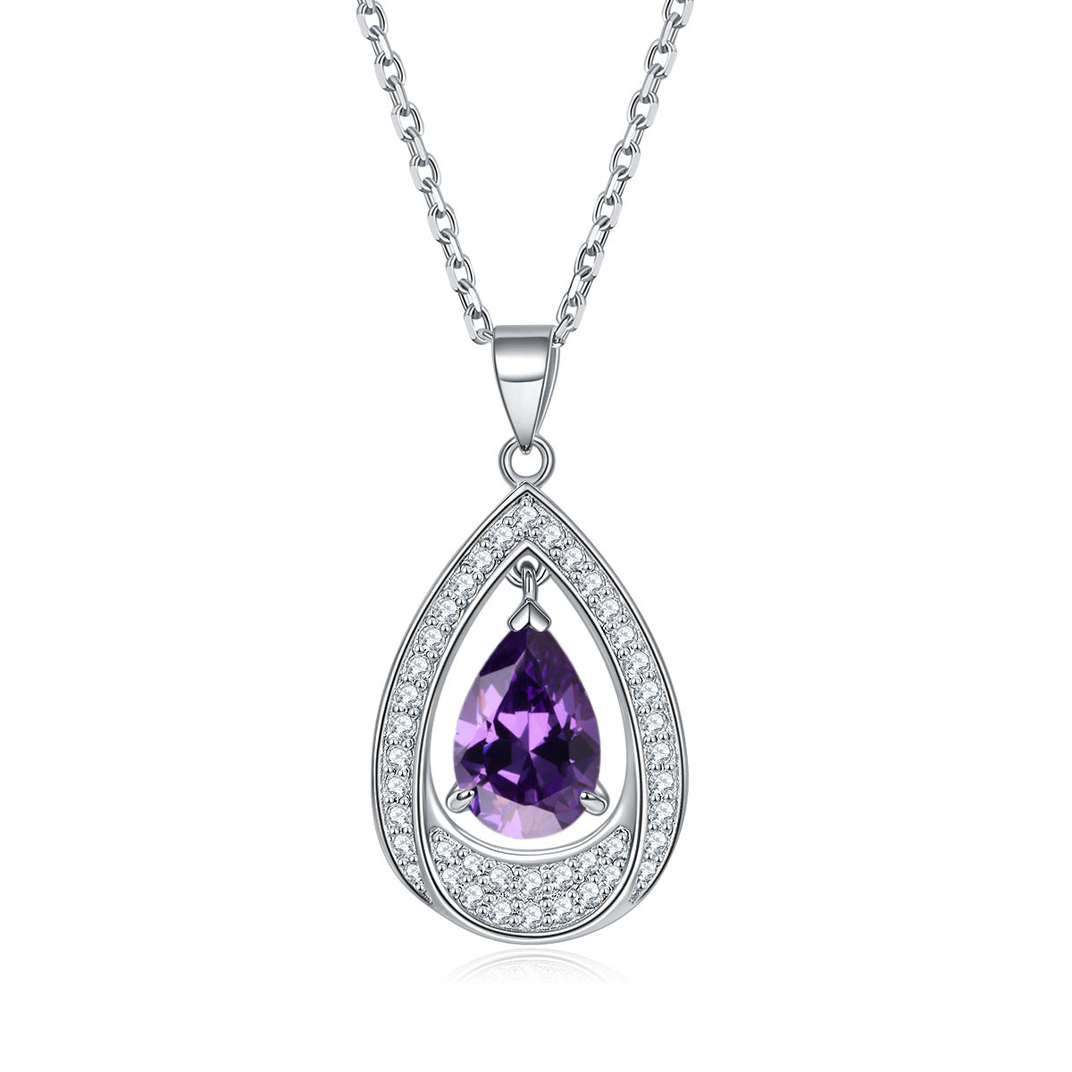 Water Drop Colourful Zircon Pendant Silver Necklace for Women