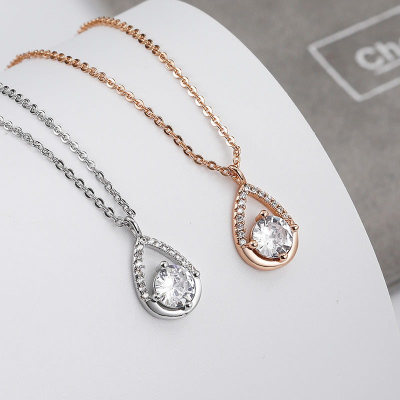 Water Drop with Round Zircon Pendant Silver Necklace for Women