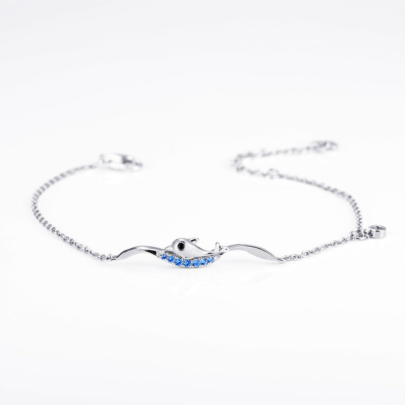 Swimming Dolphin with Blue Zircon Silver Bracelet for Women