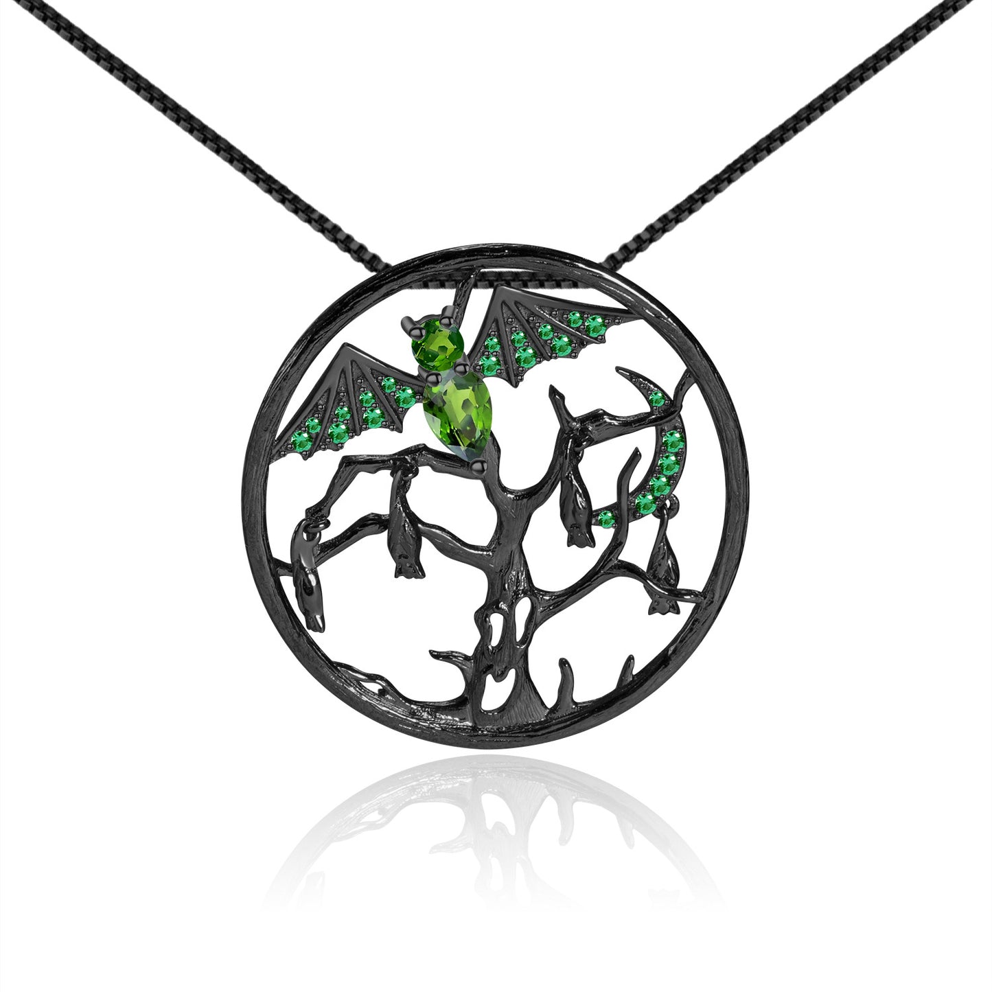Dark Retro Design  Inlaid Green Agate with Natural Gemstone Bat Pendant Silver Necklace for Women