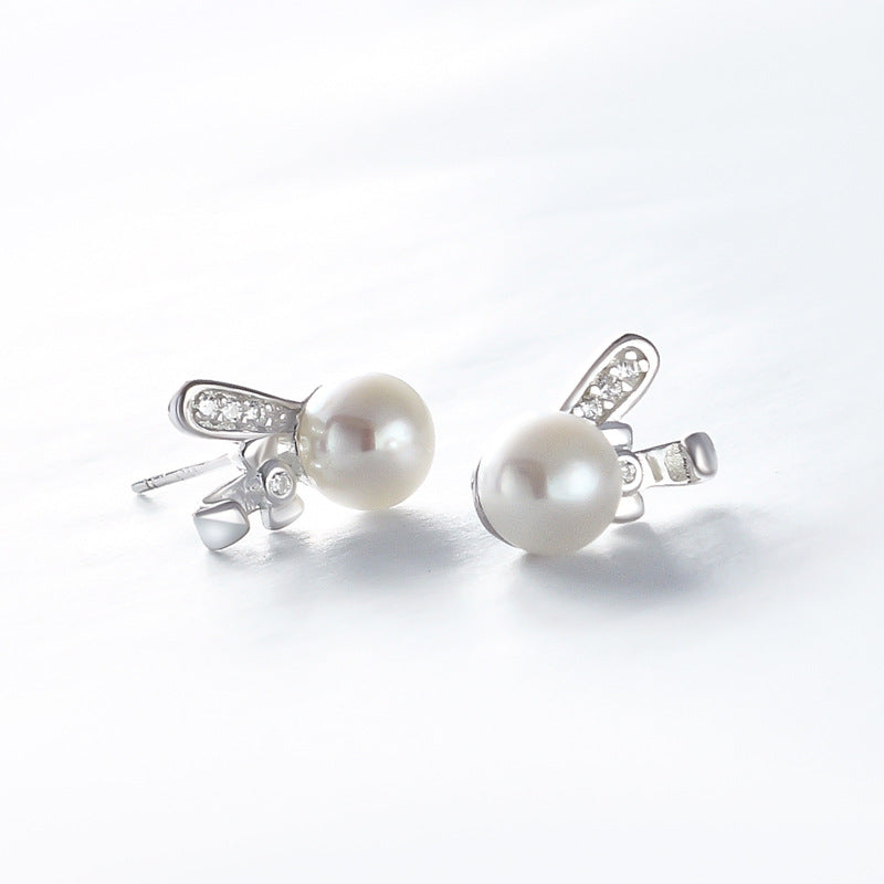 Freshwater Pearl Cute Rabbit with Zircon Silver Stud Earrings for Women