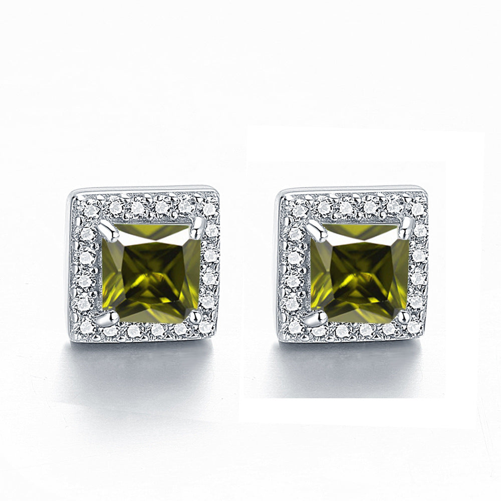 Square Zircon Soleste Halo Silver Studs Earrings for Women