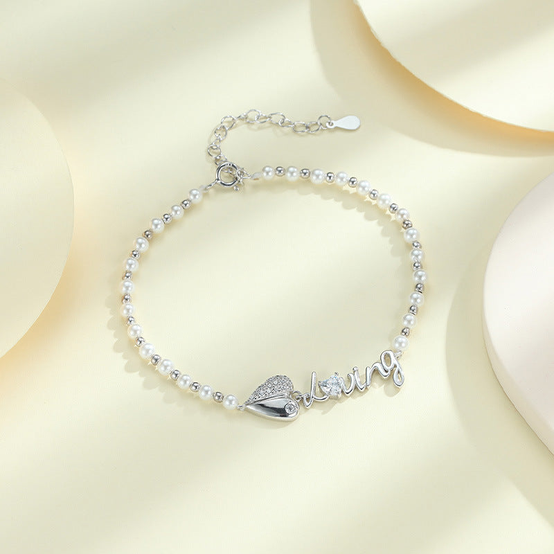 Zircon Heart with LOVING Letter Beading Pearl Silver Bracelet for Women