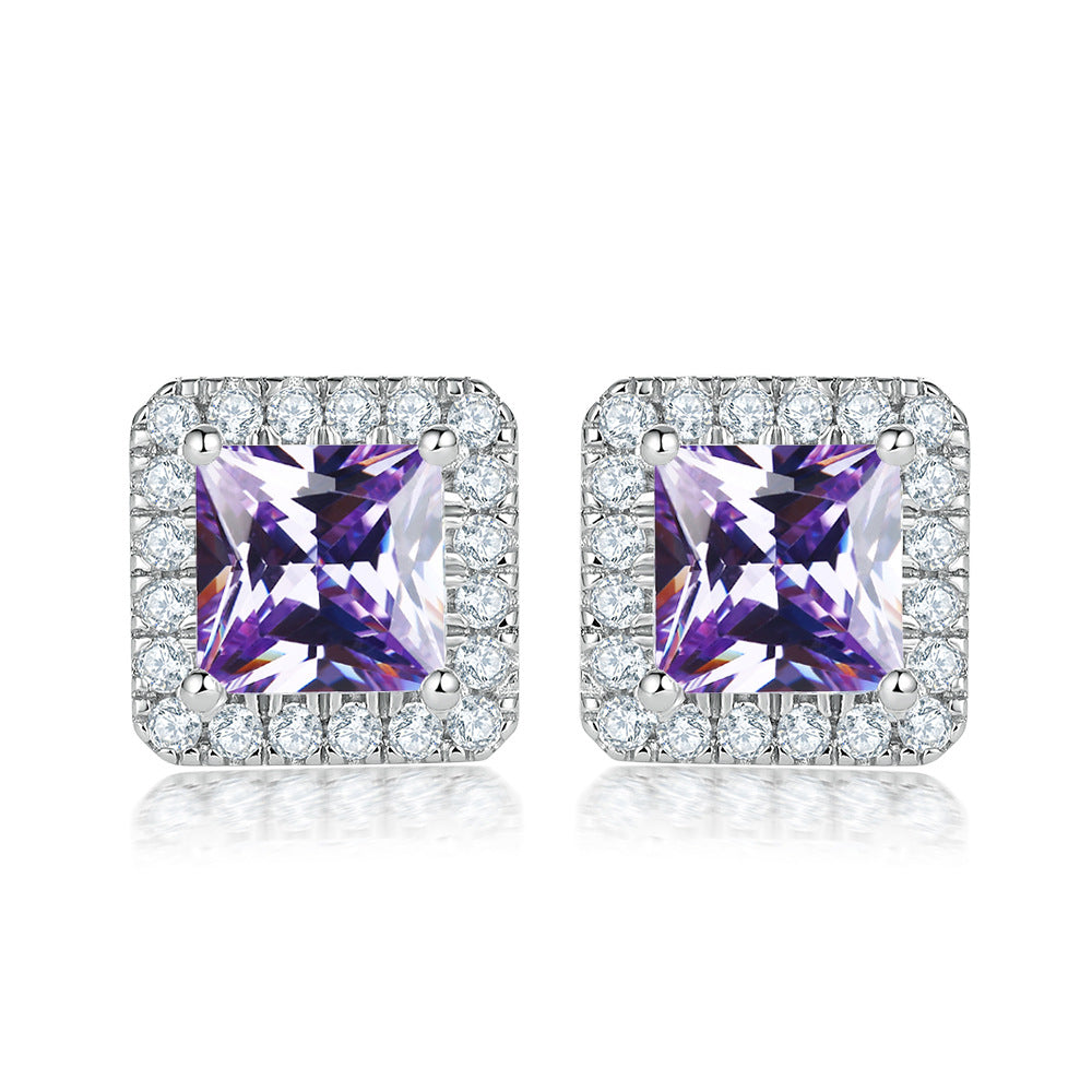 Princess Cut Zircon Soleste Halo Silver Studs Earrings for Women