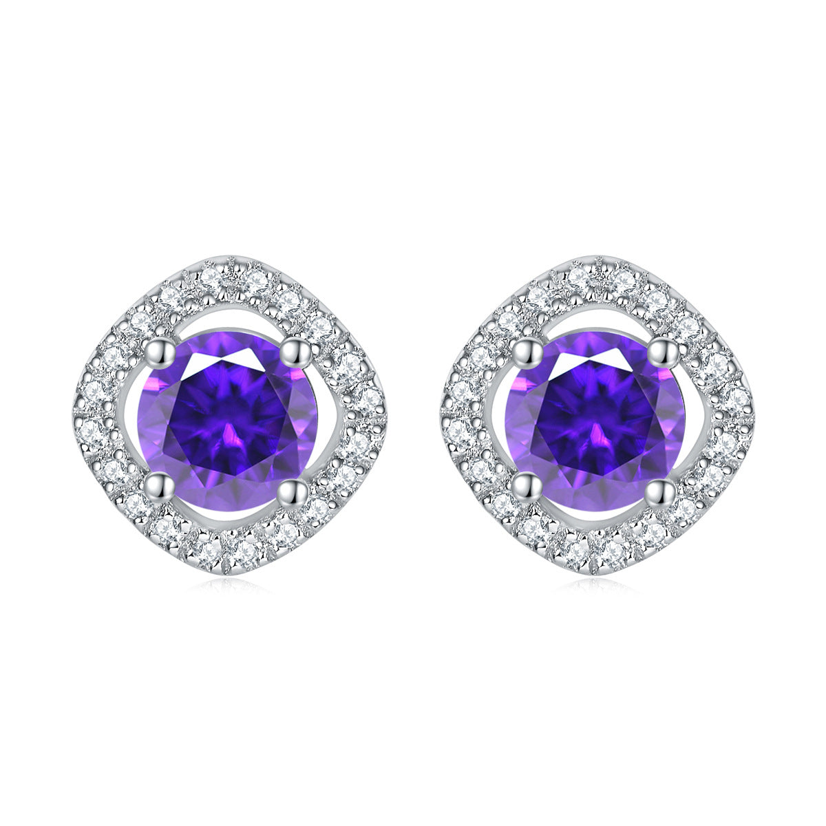Round Zircon Square Soleste Halo Silver Studs Earrings for Women