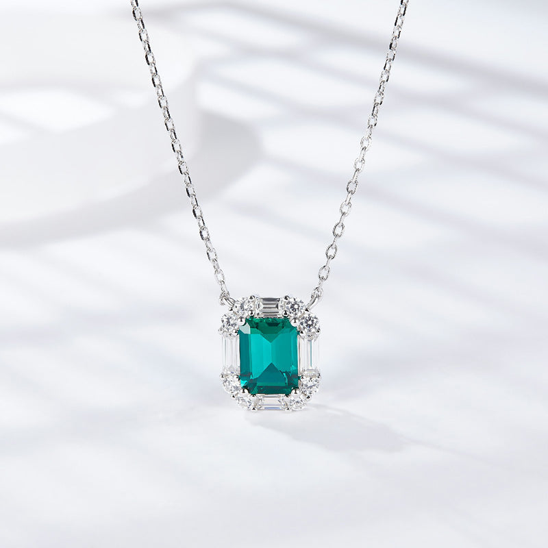 Lab-Created Emerald Rectangle Vintage Silver Necklace for Women
