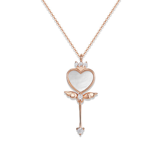 Mother of Pearl Heart Angel Pendant Silver Necklace for Women