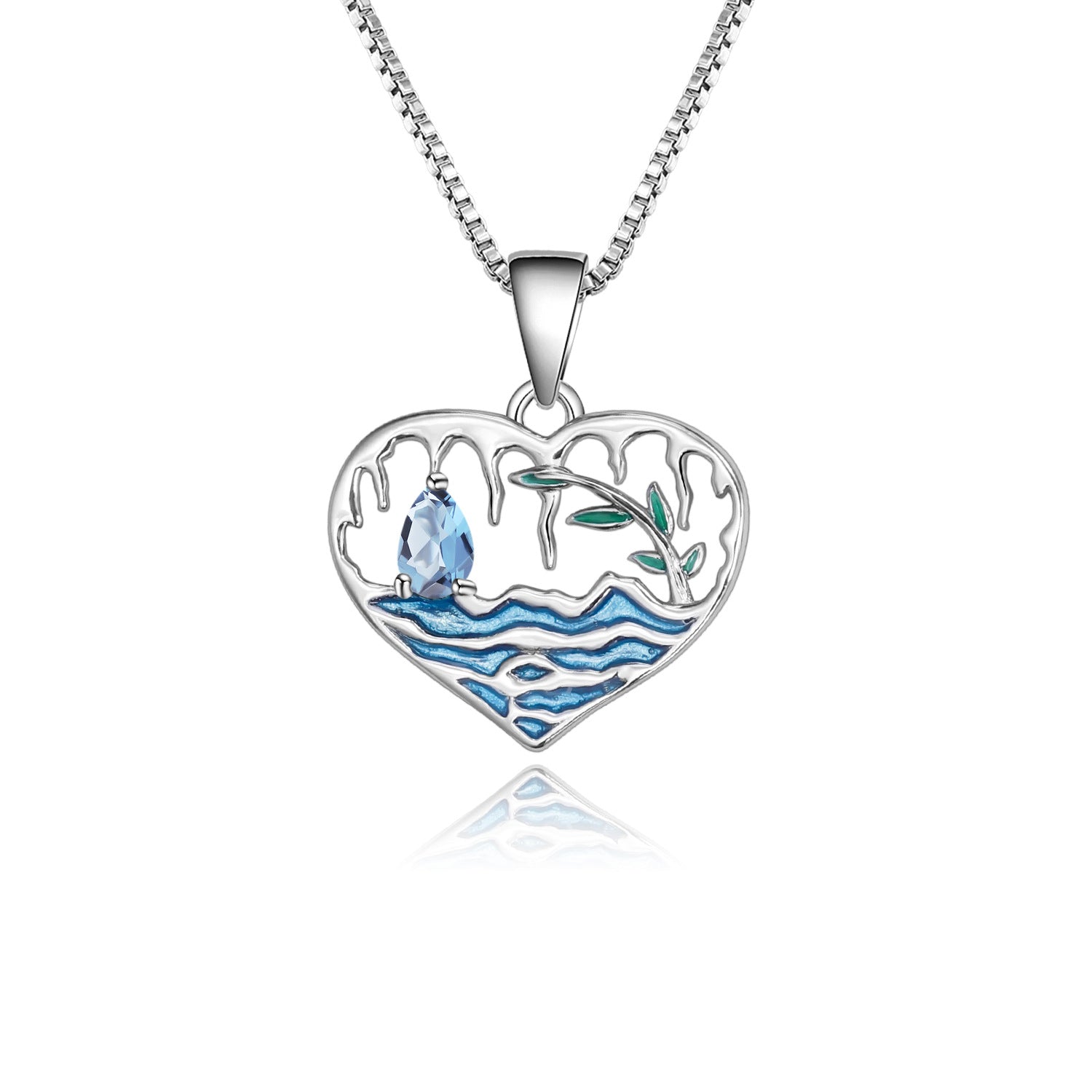 Natural Colourful Gemstone Enamel Lake In The Heart Pendant Silver Necklace for Women