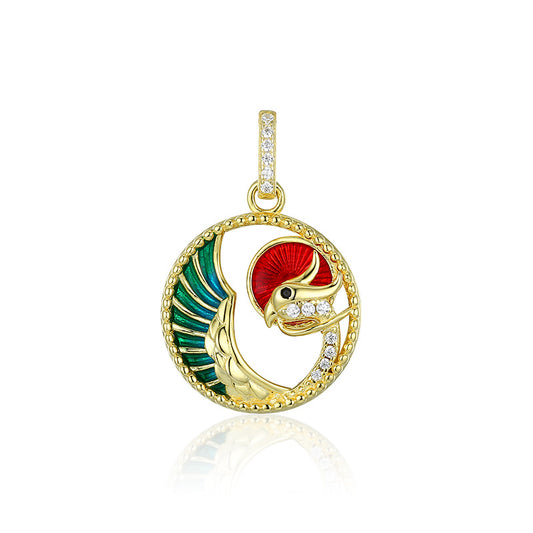 (Pendant Only) Enamel Phoenix with Zircon Circle Silver Pendant for Women
