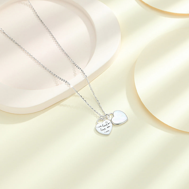 Double Heart with Mother-of-pearl and Letter Pattern Pendant Silver Necklace for Women