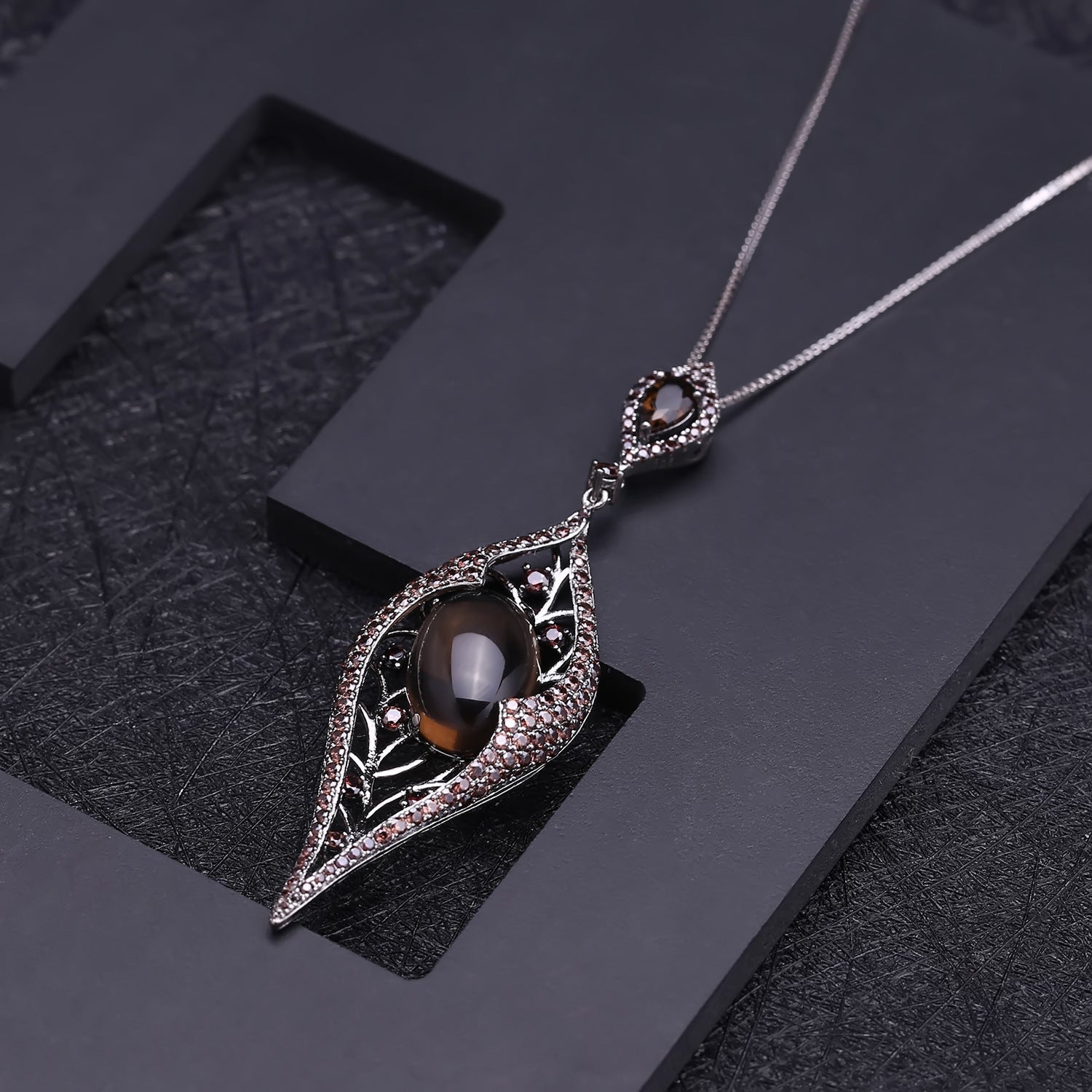 Italian Craft Design Vintage Luxury Jewelry Natural Tea Crystal Pendant Silver Necklace for Women