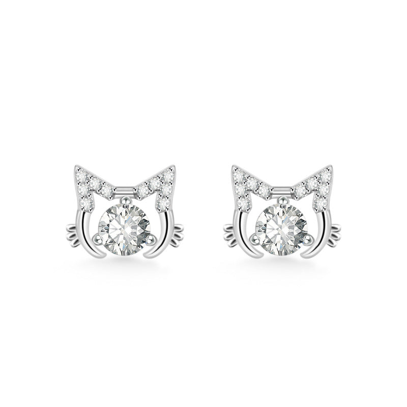 Cute Cat with Gemstone Silver Stud Earrings for Women