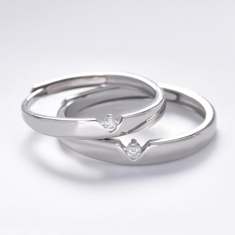 V-shape Round Zircon Silver Couple Ring