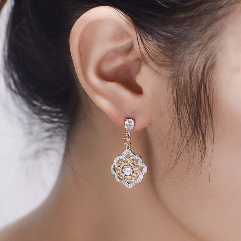 Natural Yellow Crystal Flower Silver Drop Earrings for Women