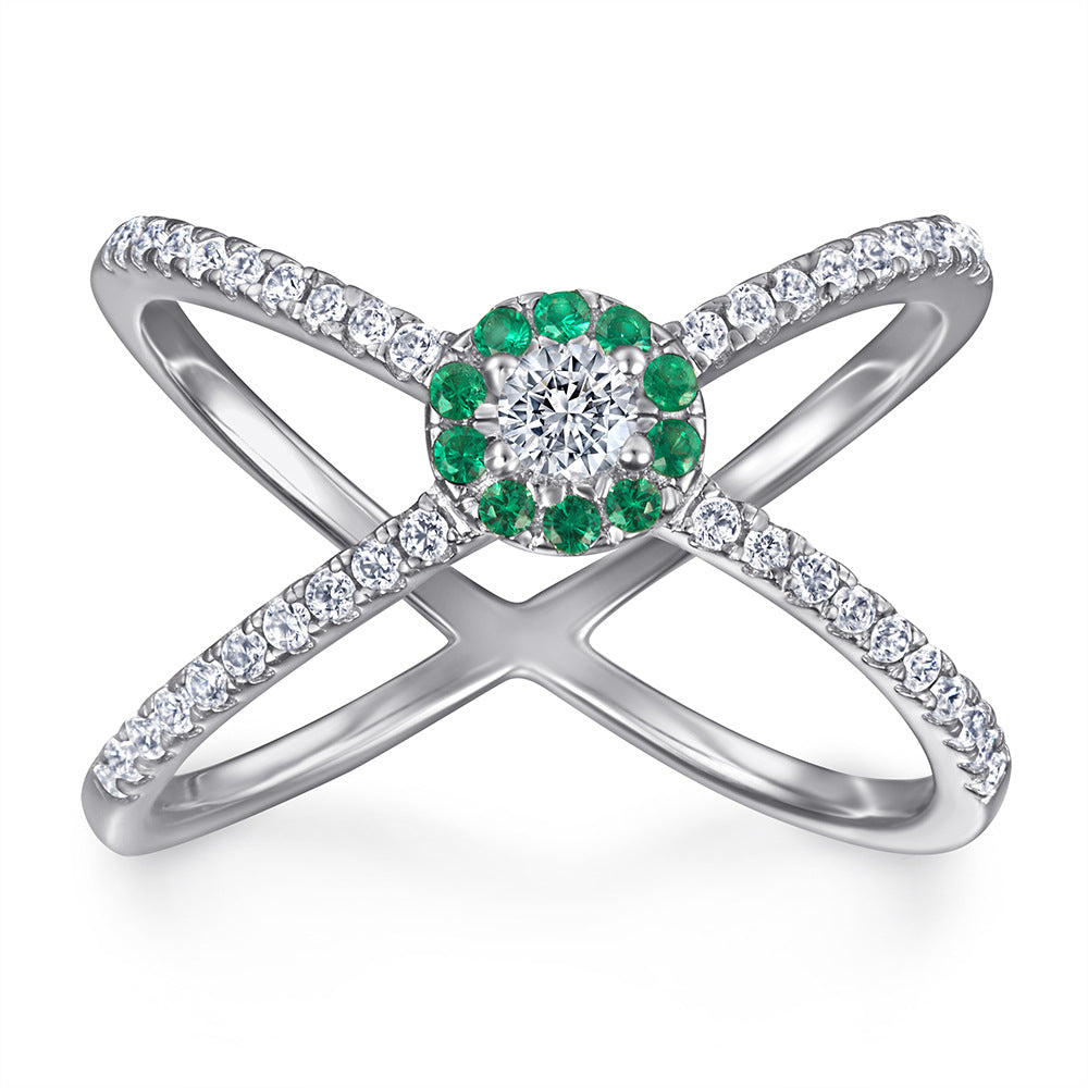 Green Zircon X-shape Exaggerated Silver Ring for Women
