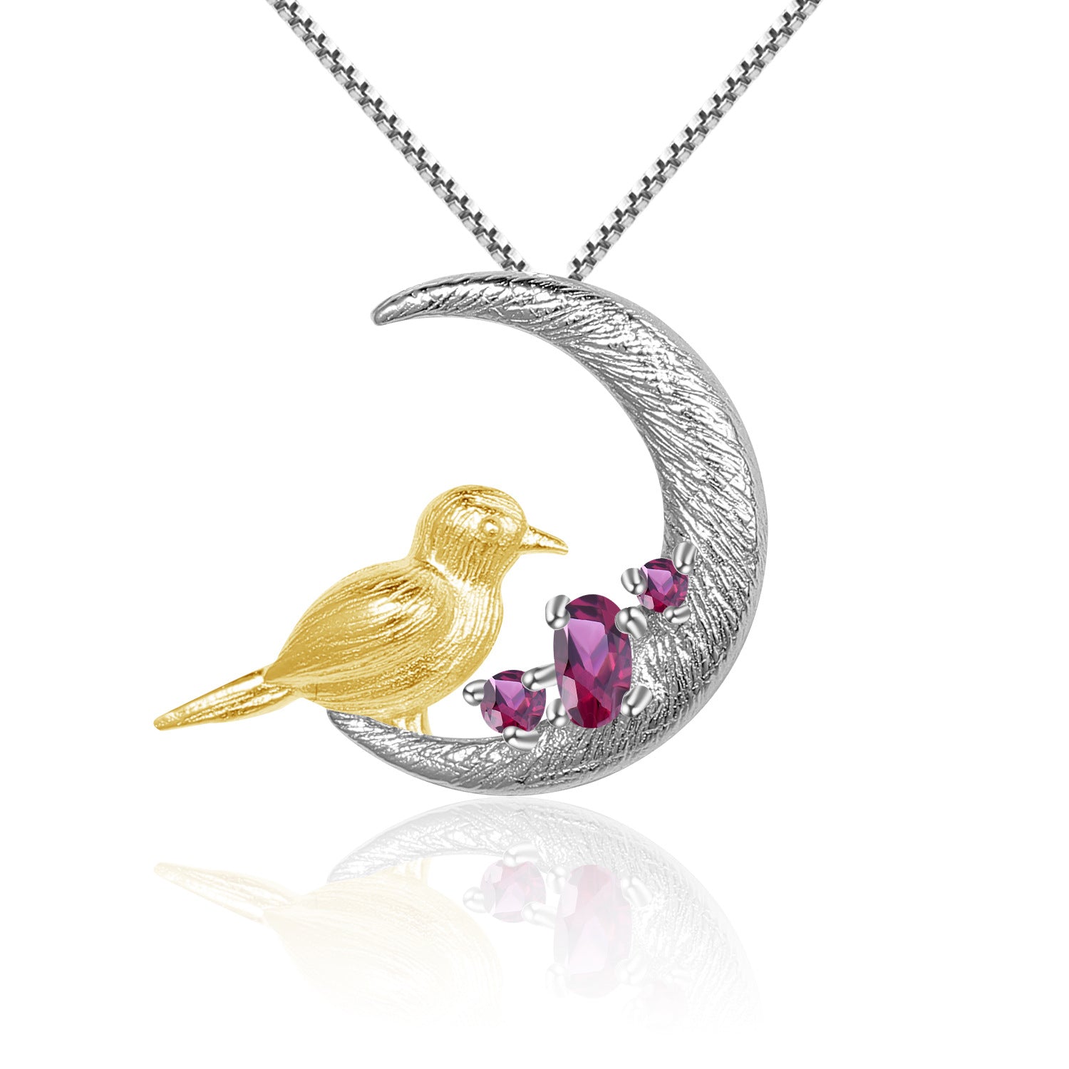 National Style Natural Colourful Gemstone Bird and Crescent Pendant Silver Necklace for Women