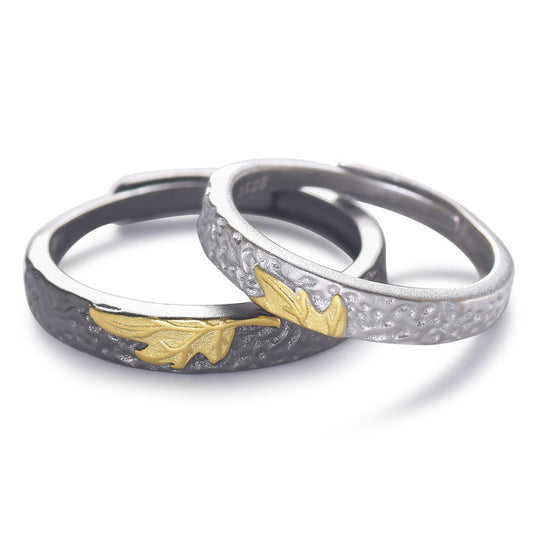 Gold Colour Maple Leaf Pleated Texture Silver Couple Ring for Women