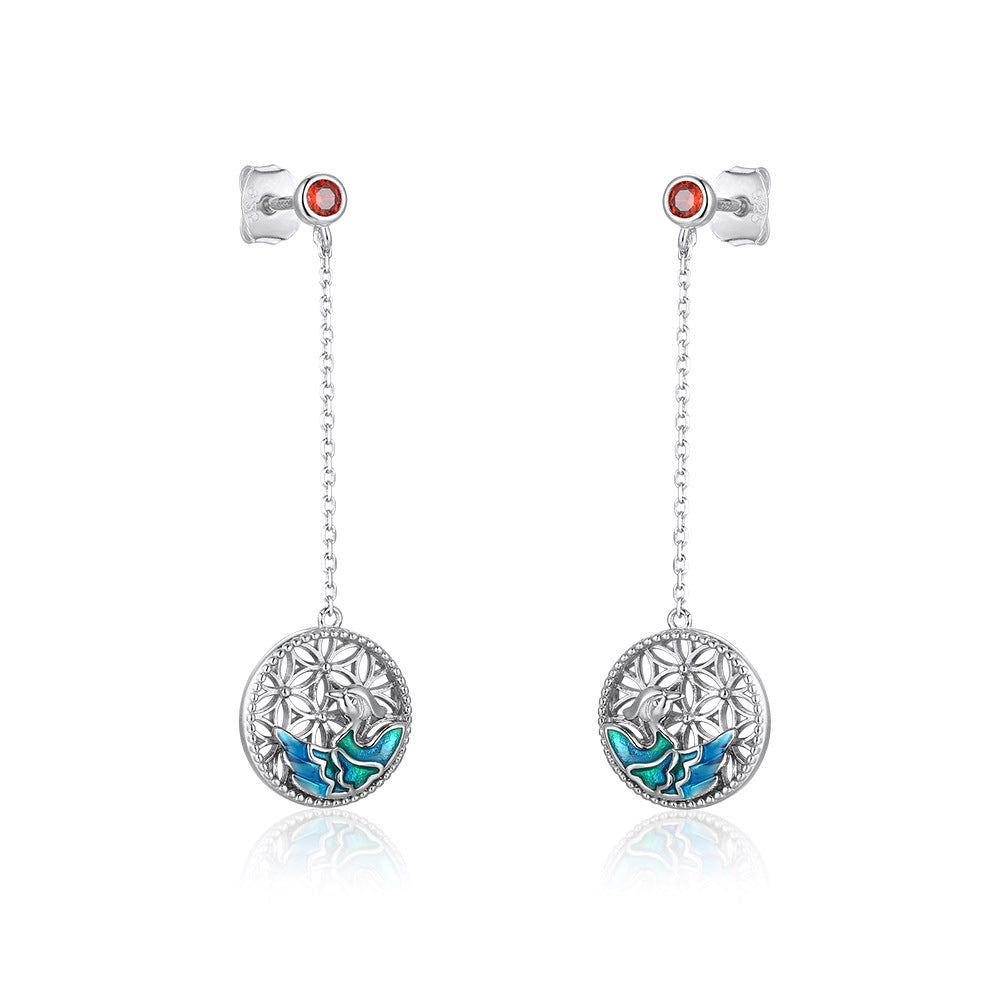 Enamel Hollow Flower Circle with Red Zircon Silver Drop Earrings