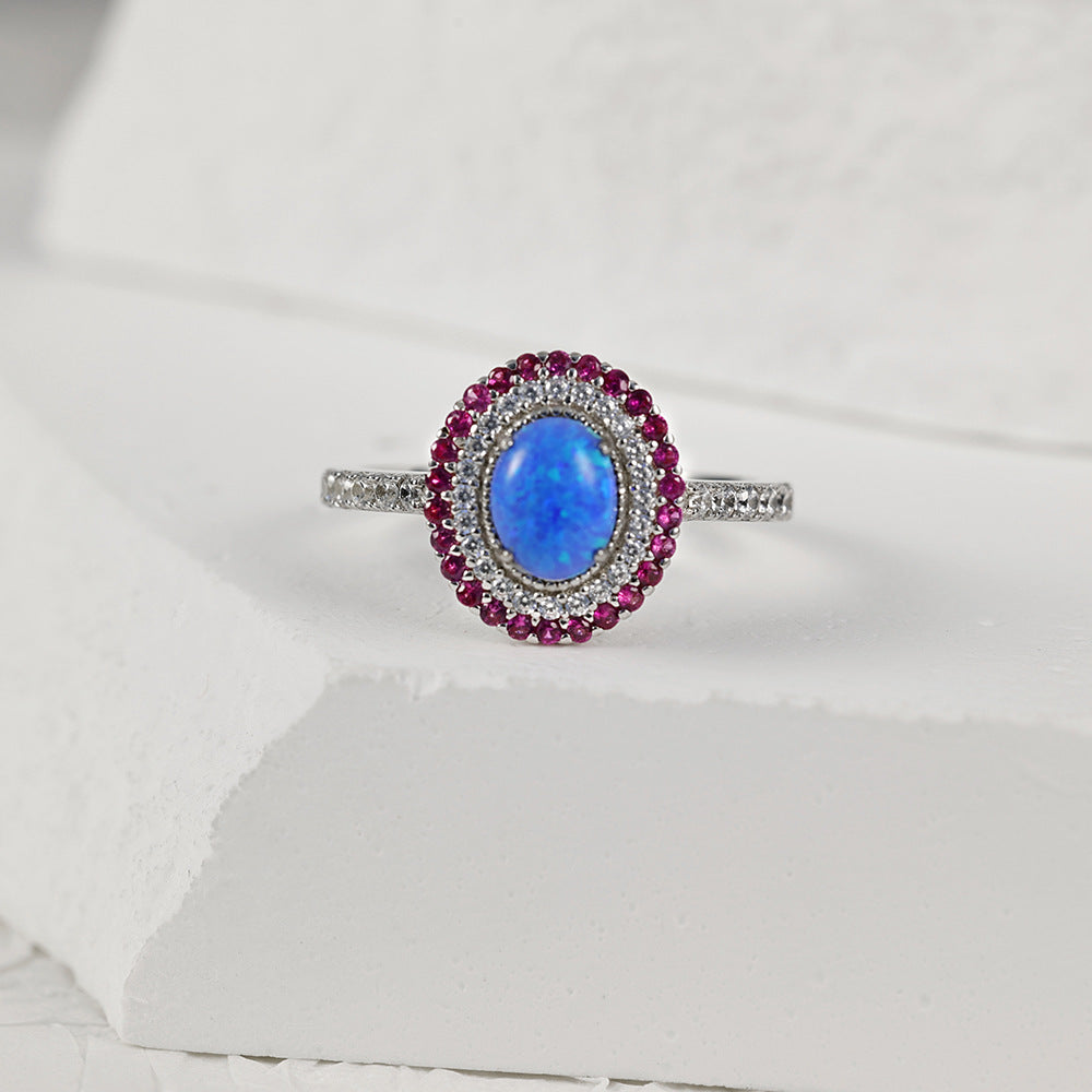 Blue Opal Stone Soleste Halo with White and Pink Zircon Silver Ring for Women