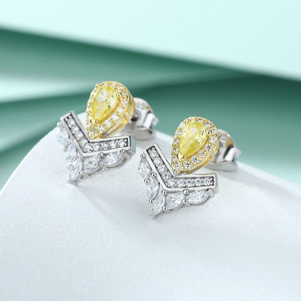 Pear Drop Yellow Zircon V-shape Silver Studs Earrings for Women