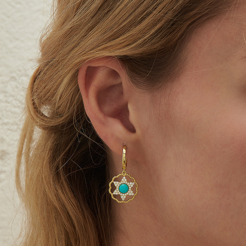 Turquoise Zircon Hexagonal Star Hollow Silver Hoop Earrings for Women