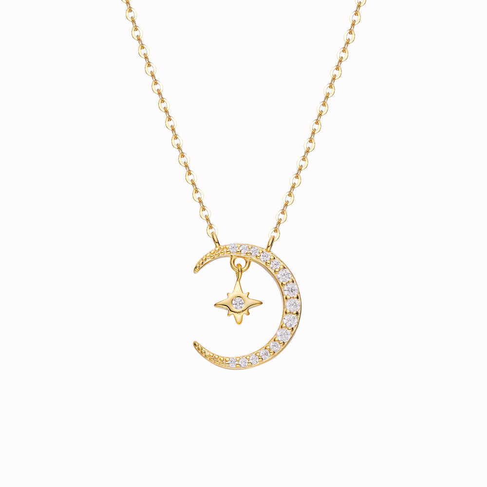 (Two Colours) White Zircon Moon Star Pendants 925 Silver Collarbone Necklace for Women