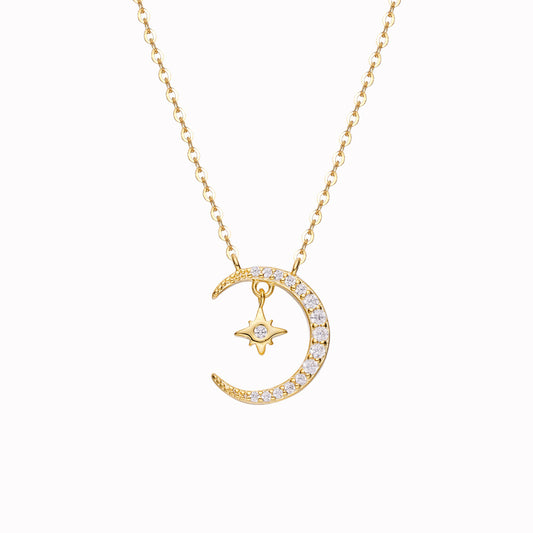 (Two Colours) White Zircon Moon Star Pendants 925 Silver Collarbone Necklace for Women