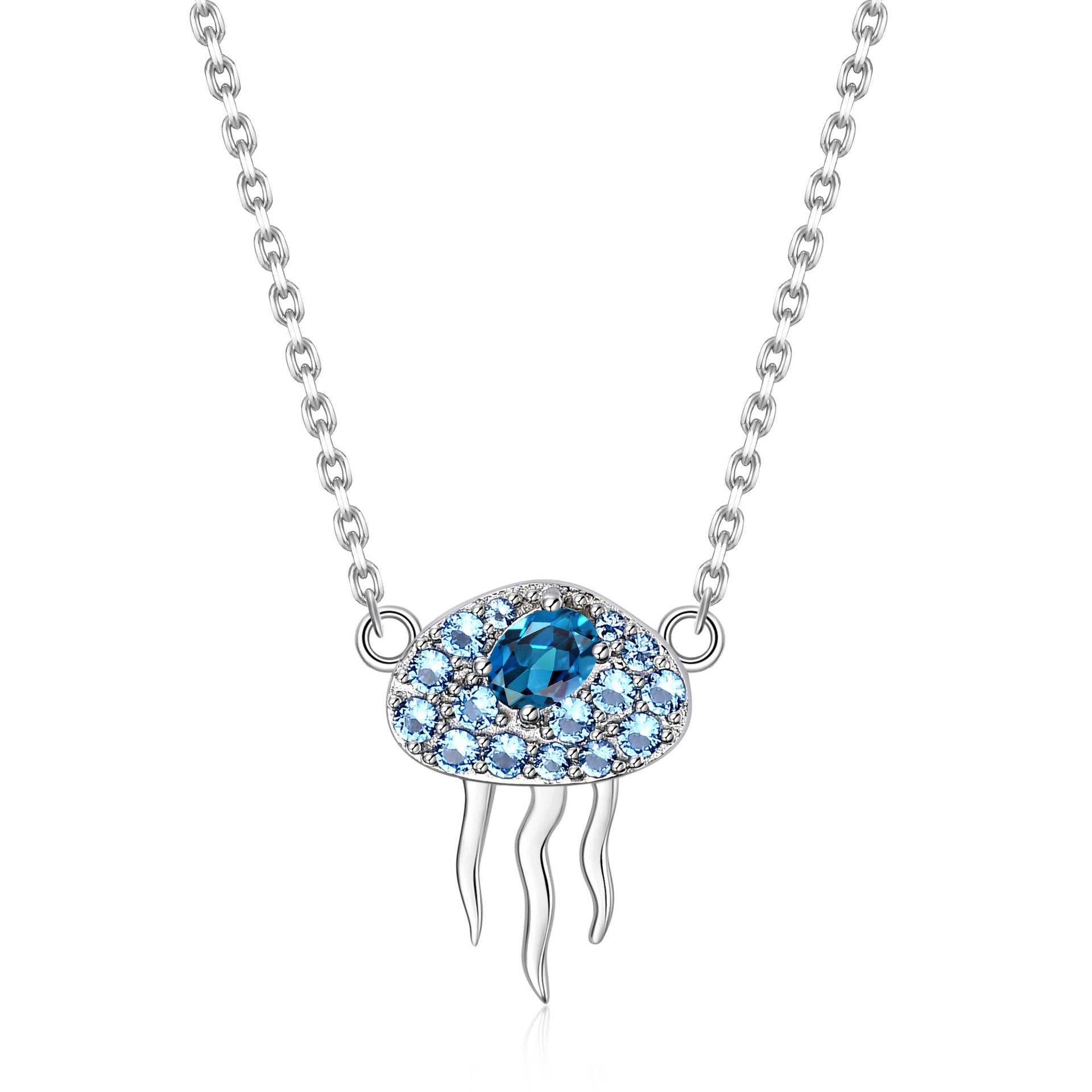 Fashion Style Inlaid with Natural Topaz Jellyfish Pendant Silver Necklace for Women