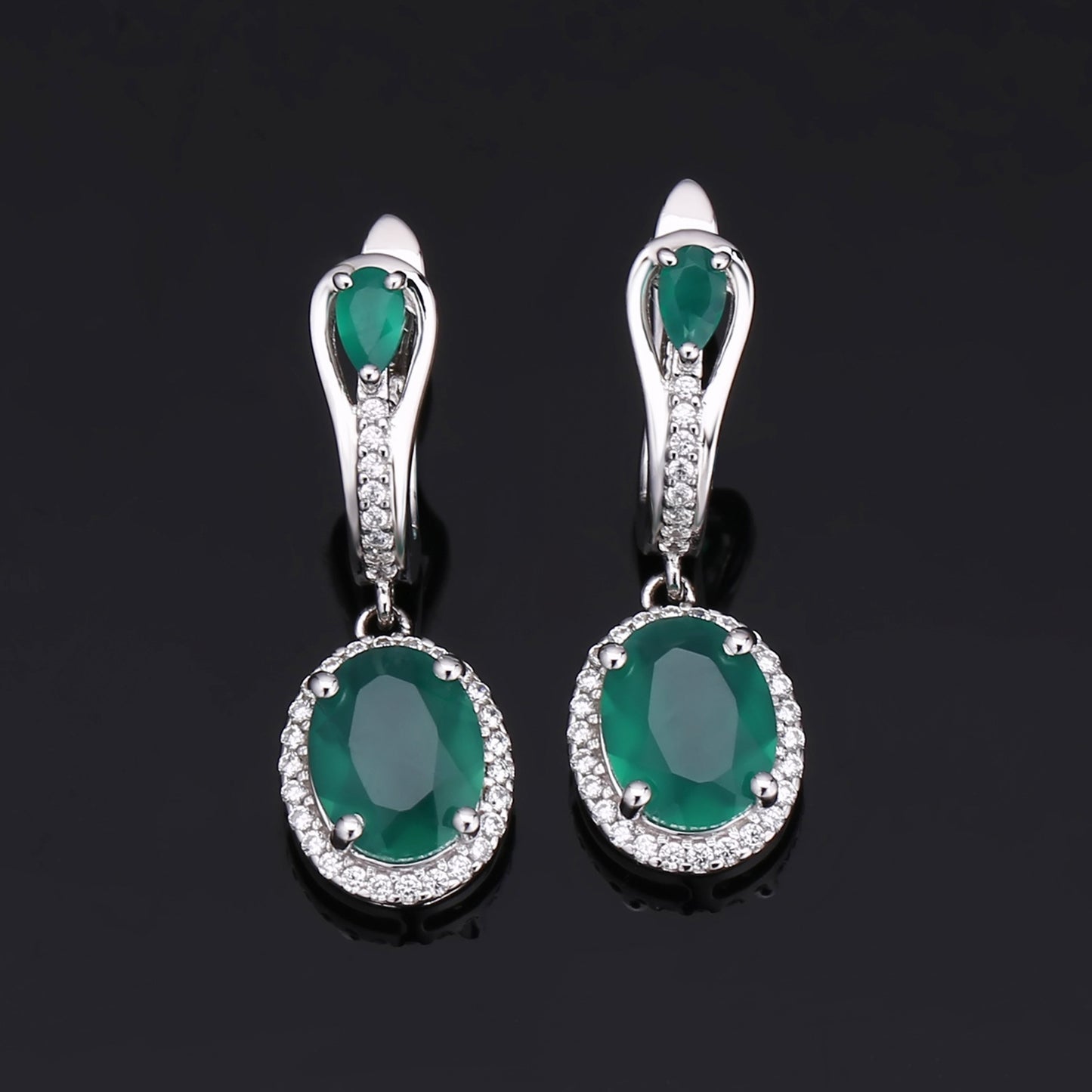 Natural Green Agate Soleste Halo Oval Shape Silver Drop Earrings for Women