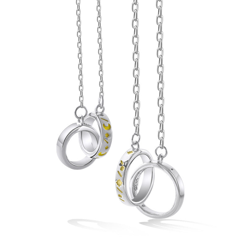 Double Circle Buckle Meteor Stars and Moon Silver Couple Necklace for Women