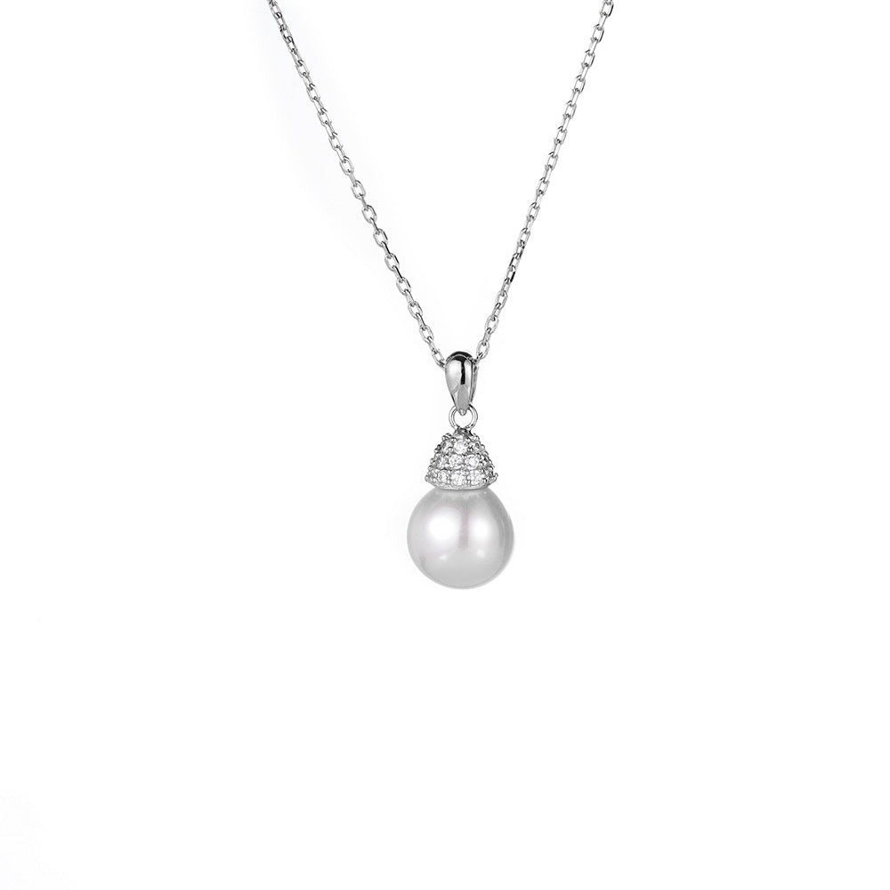 (Two Colours) White Zircon Natural Pearl Pendants Silver Collarbone Necklace for Women
