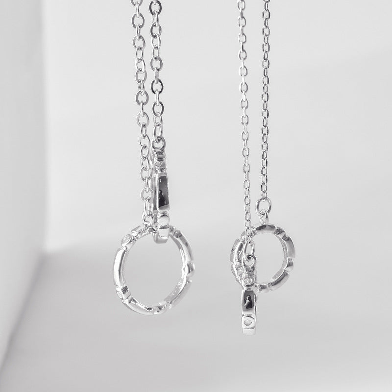 Double Circle Buckle with Zircon Silver Couple Necklace for Women