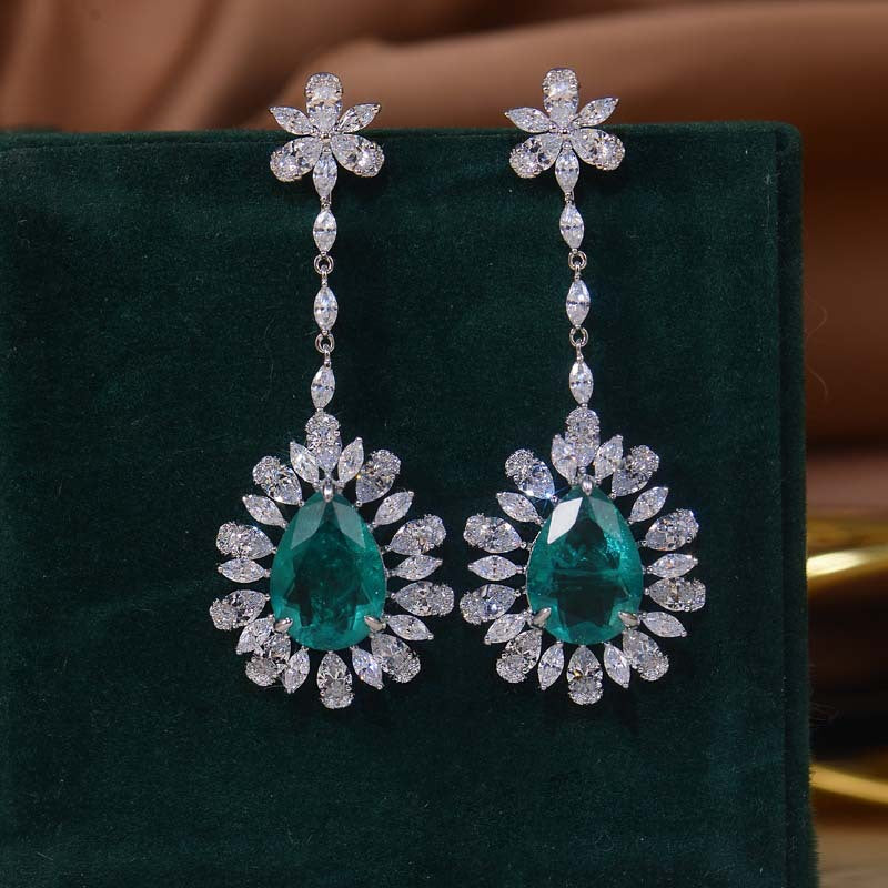 Lab-Created Emerald 10*14mm Water Drop Ice Cut Annular Petals Silver Drop Earrings for Women