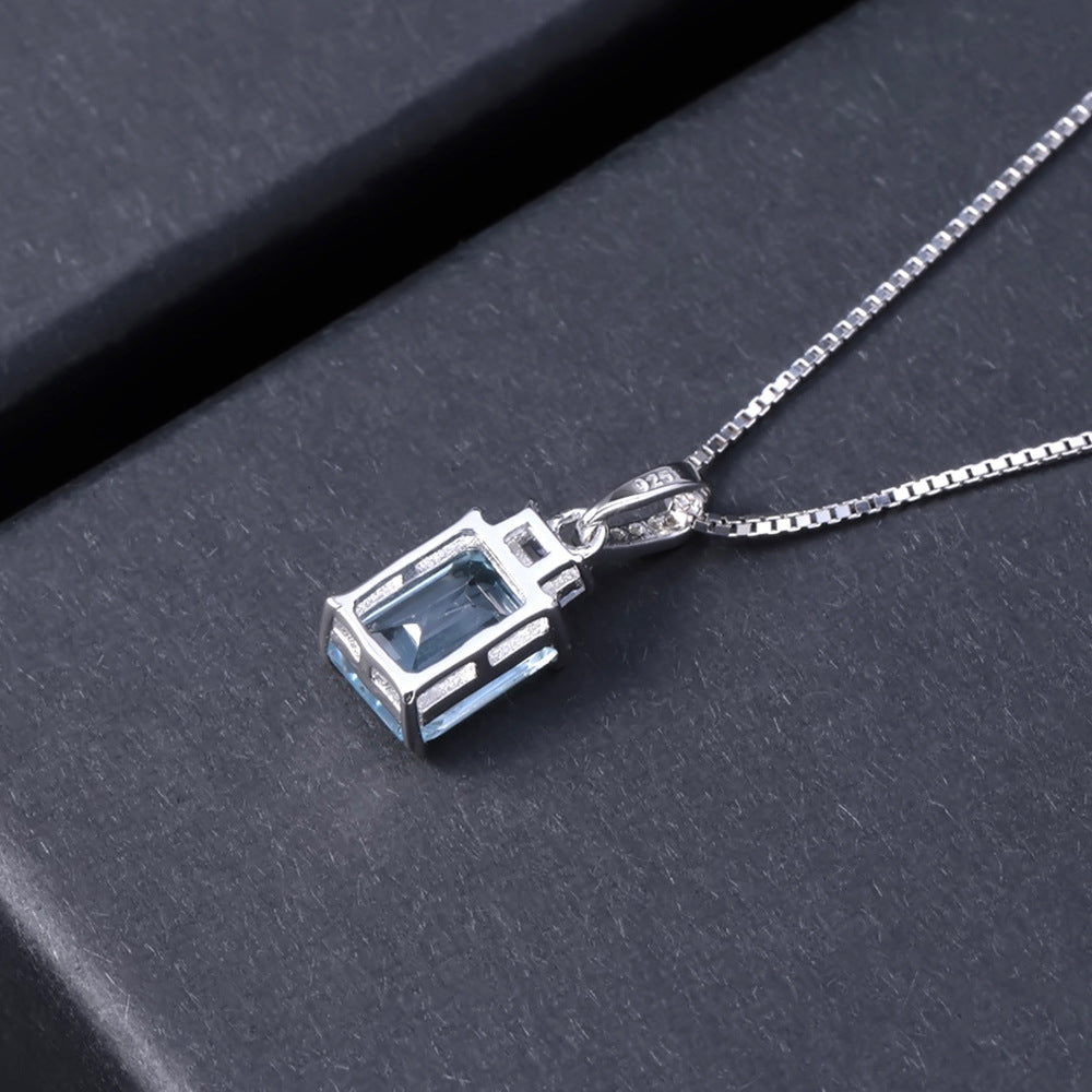 Luxury Style Inlaid Natural Colourful Gemstone Rectangle Pendant Sterling Silver Necklace for Women