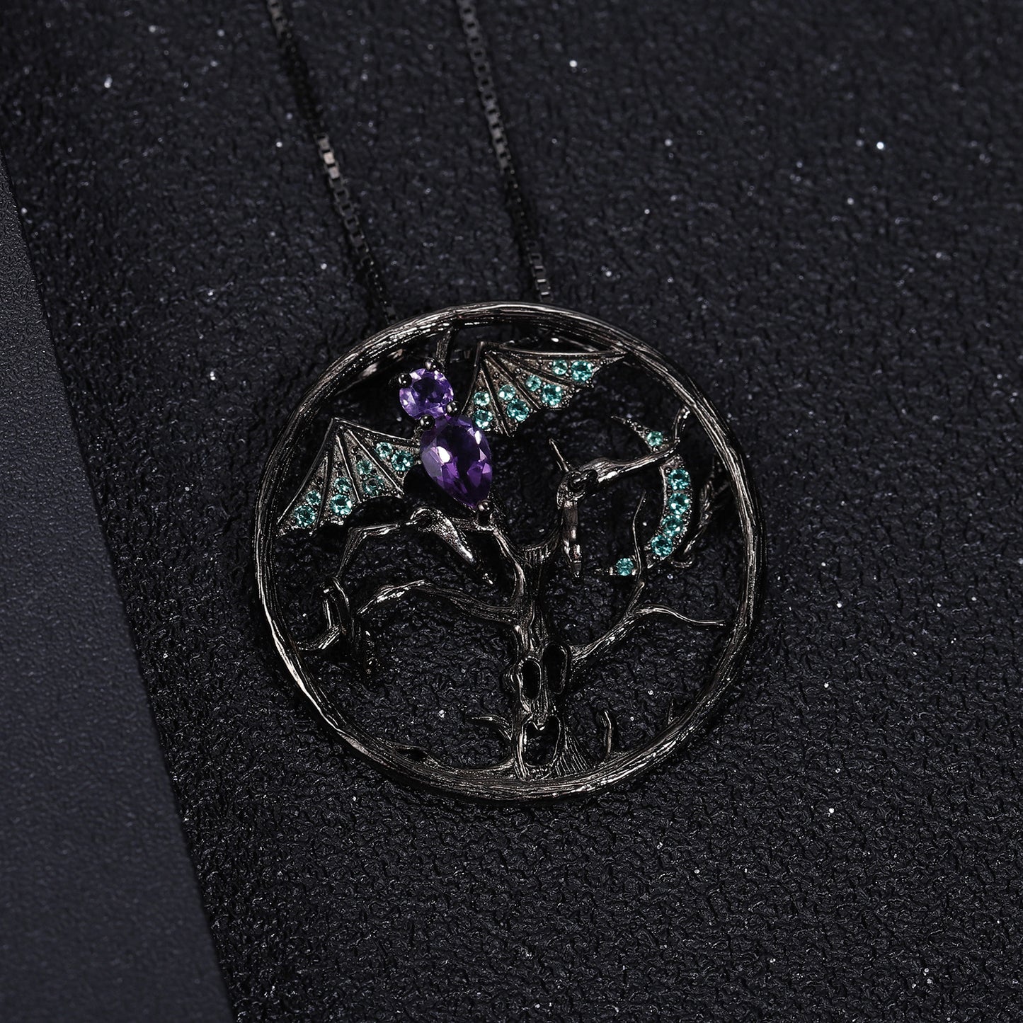 Dark Retro Design  Inlaid Green Agate with Natural Gemstone Bat Pendant Silver Necklace for Women