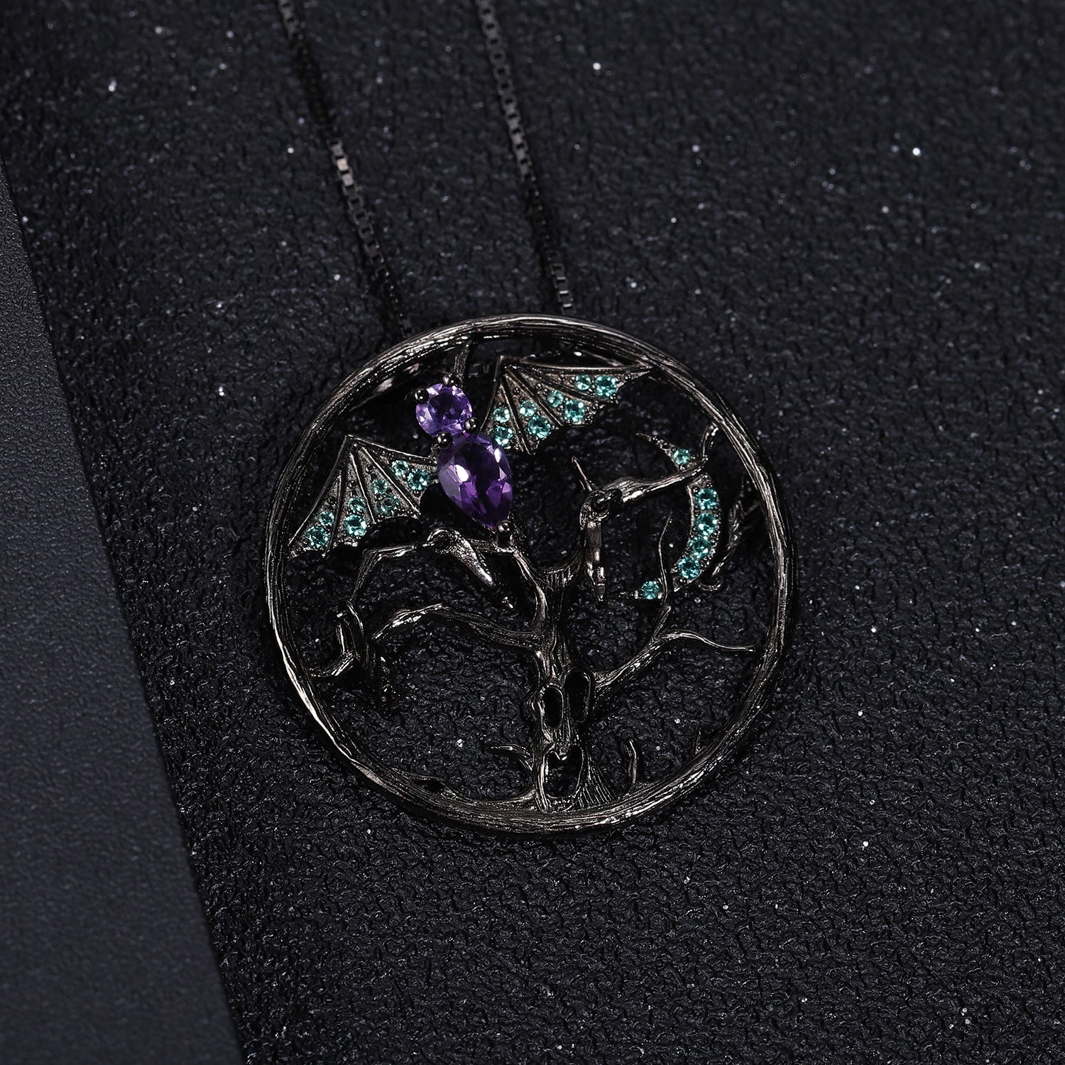 Dark Retro Design  Inlaid Green Agate with Natural Gemstone Bat Pendant Silver Necklace for Women