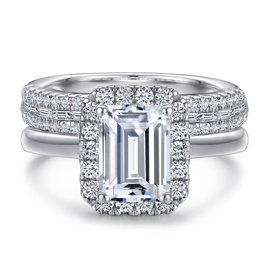 Emerald Cut Zircon Soleste Halo Silver Ring Set for Women