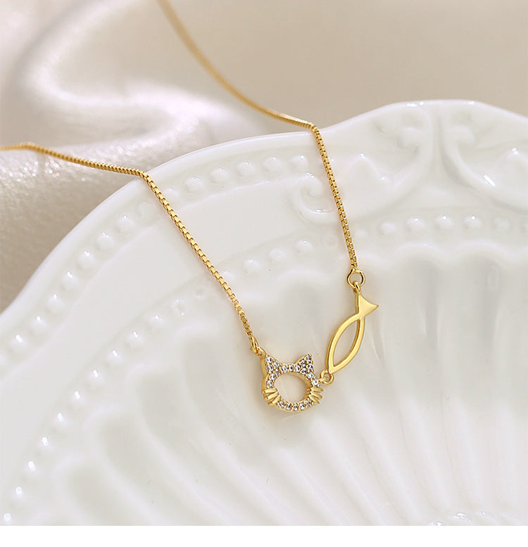 Zircon Cat and Fish Silver Necklace for Women