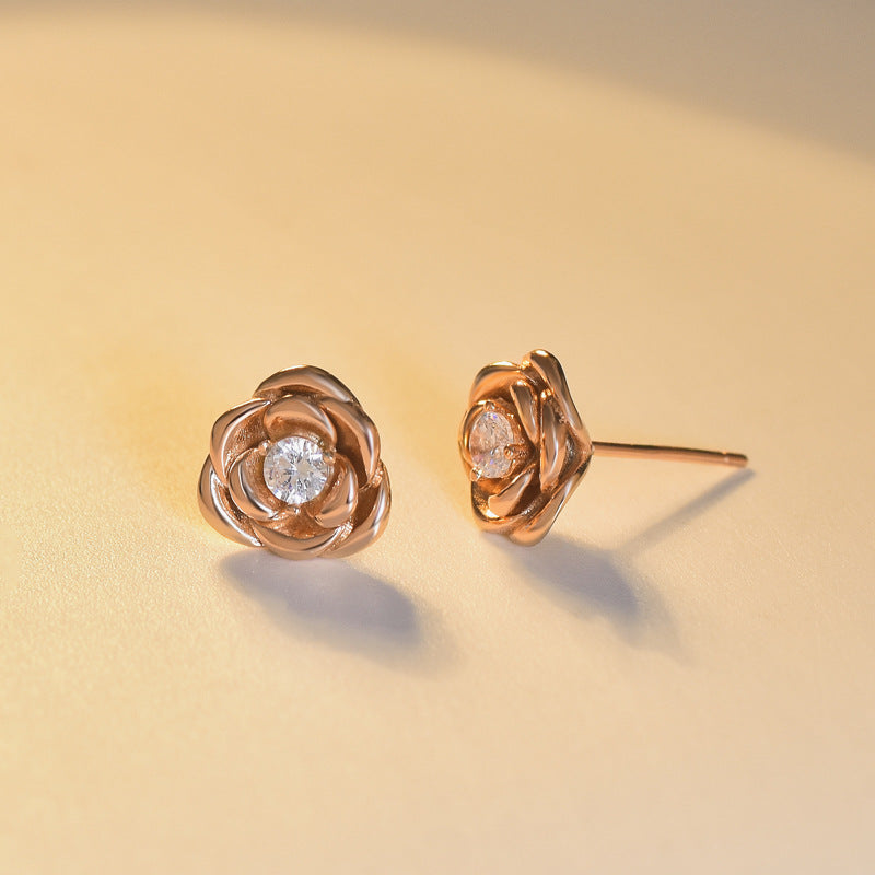 Three Prongs Round Zircon Rose Silver Stud Earrings for Women