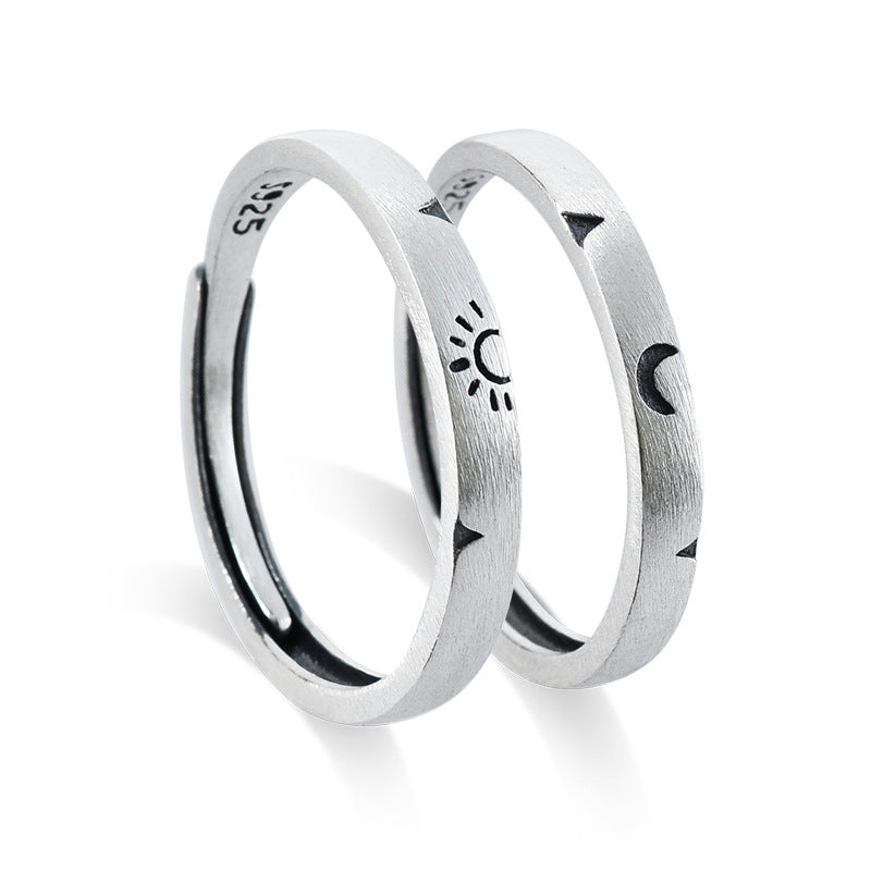 Sun Moon Pattern Brushed Finish Silver Couple Ring