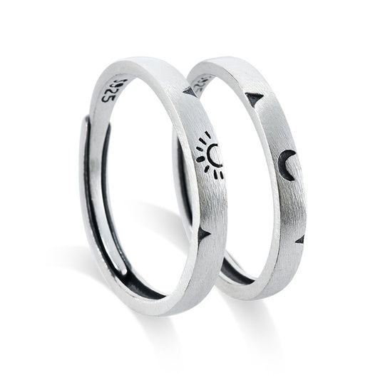 Sun Moon Pattern Brushed Finish Silver Couple Ring