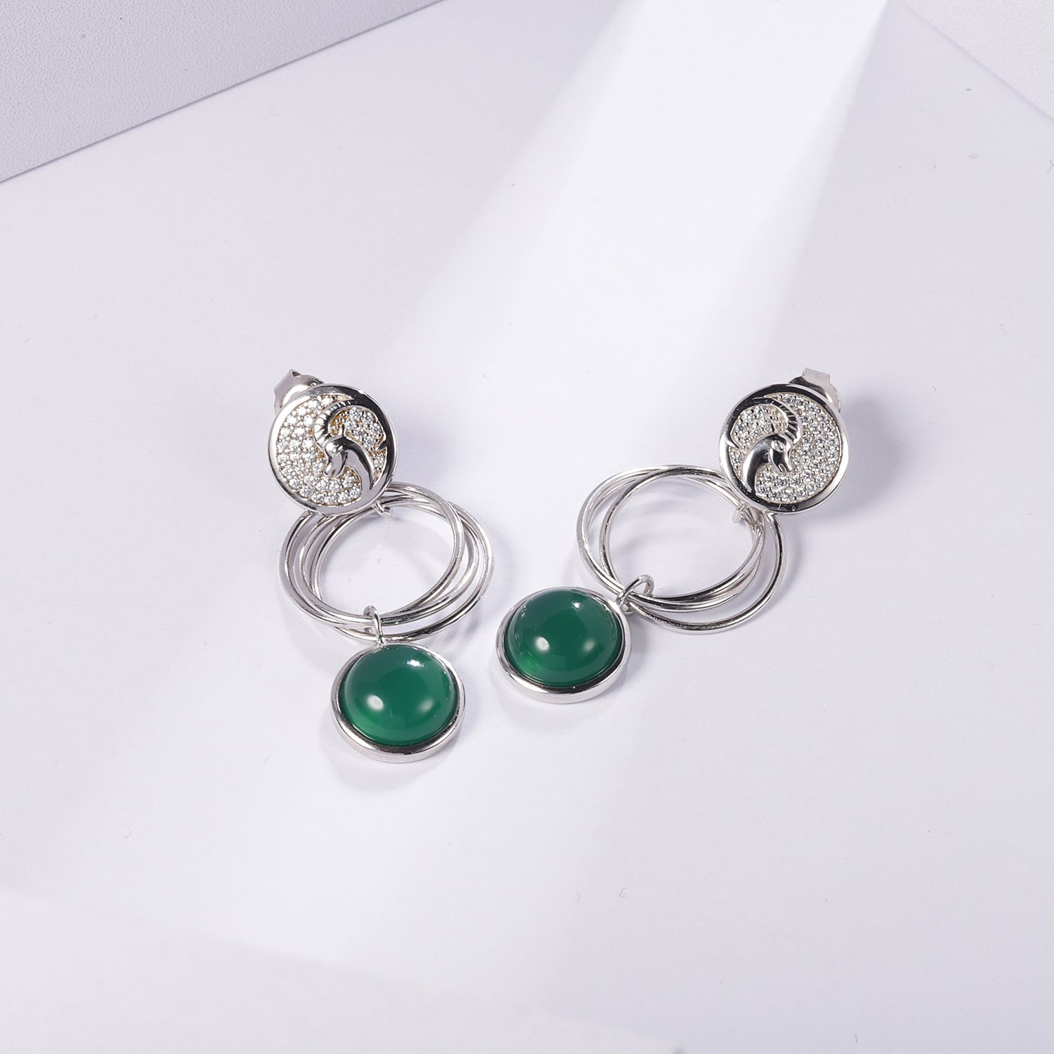 Geometric Design 925 Silver Green Agate Drop Earrings for Women