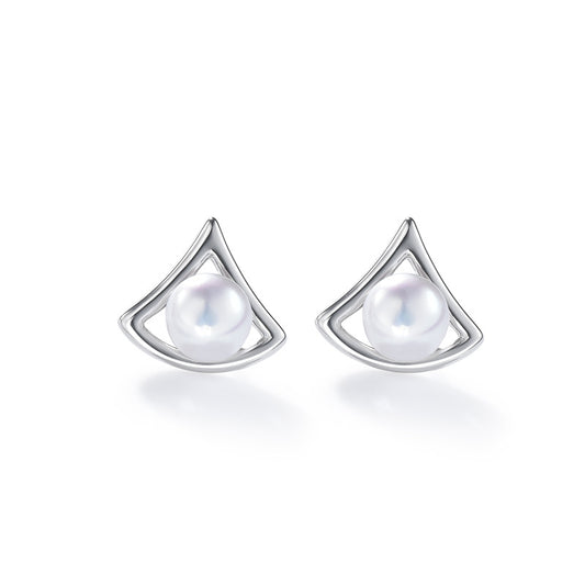 Hollow Geometric Triangle with Freshwater Pearl Silver Stud Earrings for Women