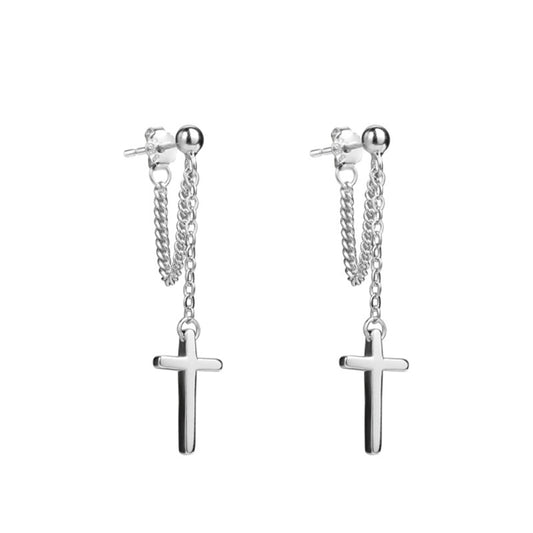 Cross with chain silver drop earrings for women